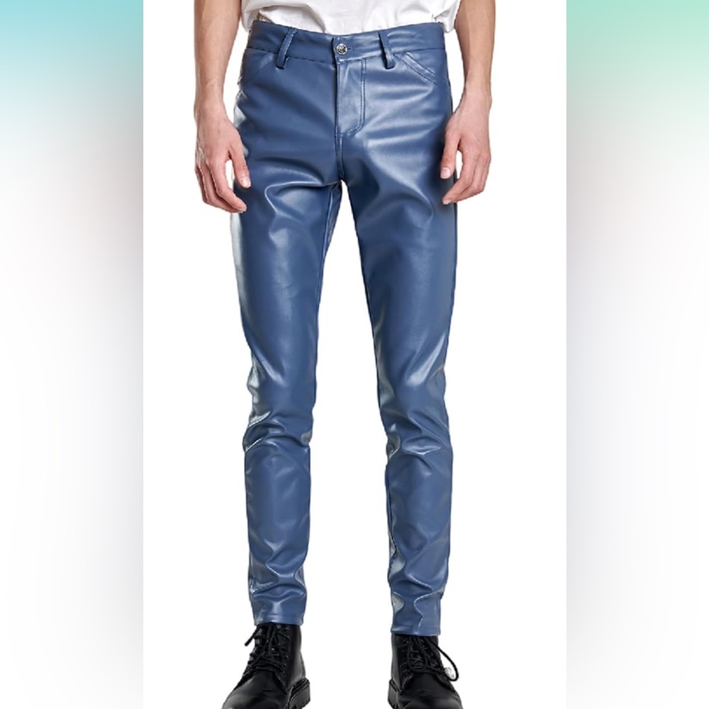 Men’s shiny wet faux leather pants.